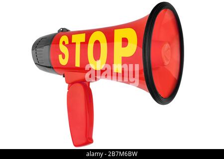 Red megaphone on white background isolated closeup, word stop on loudhailer, loudspeaker icon, warning sign, alarm signal, danger symbol, alert call Stock Photo