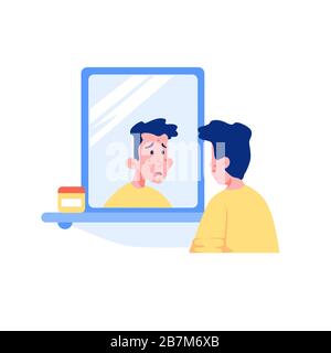 Surprised teenage guy with acne face looking at mirror vector graphic illustration Stock Vector