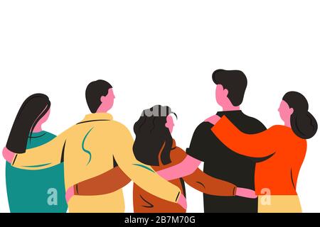 Group of cartoon friends standing and hugging together back view vector flat illustration Stock Vector