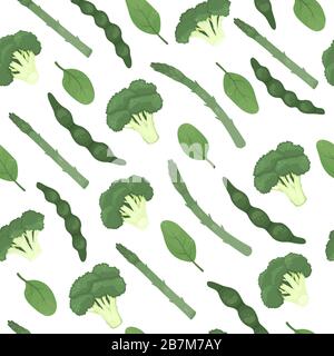 Flat seamless pattern with broccoli, green beans, asparagus, peas, spinach. Healthy food, vegetarianism. Stock Vector
