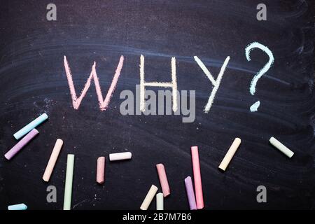 The word why, is written in chalk on the chalk board. Question concept Stock Photo