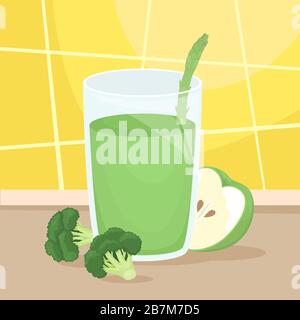 Green vegetarian smoothie with broccoli and green apple. Isolated flat vector illustration. Stock Vector