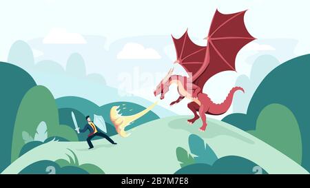 Cartoon businessman fighting fire breathing dragon vector graphic illustration Stock Vector