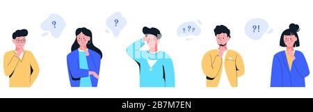 Set cartoon people think with question mark in thought bubble isolated on white background Stock Vector