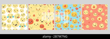 Set of various colorful smiley face with different expression seamless pattern Stock Vector