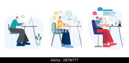Set of various male cartoon programmer working on computer at workplace Stock Vector