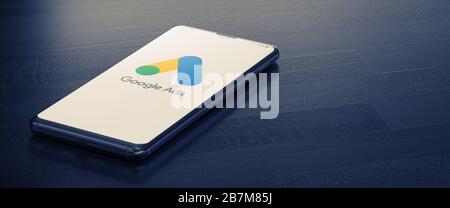 KYIV, UKRAINE-JANUARY, 2020: Google Ads on Cellphone Screen. Google Ads is an Online Advertising Platform where Advertisers Pay to Display Advertisements, Service Offerings and Product Listings. 3D. Stock Photo