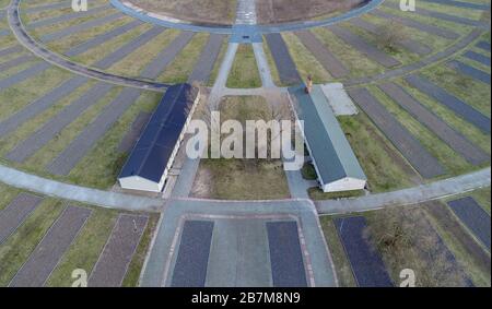 Oranienburg, Germany. 04th Mar, 2020. The grounds of the Sachsenhausen memorial (aerial photograph taken with a drone). The accommodation barracks were built in four rows around the semicircular roll call area. The Sachsenhausen concentration camp was built in the summer of 1936 by prisoners from the Emsland camps. Between 1936 and 1945, more than 200,000 people were imprisoned in Sachsenhausen concentration camp. Credit: Patrick Pleul/dpa-Zentralbild/ZB/dpa/Alamy Live News Stock Photo