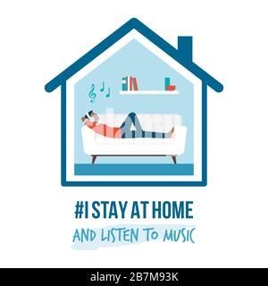 I stay at home awareness social media campaign and coronavirus prevention: man lying on the sofa and listening to music Stock Vector