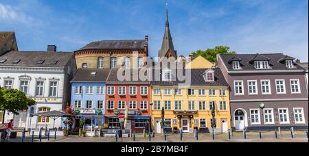 Panorama of colorful restaurants in Flensburg, Germany Stock Photo