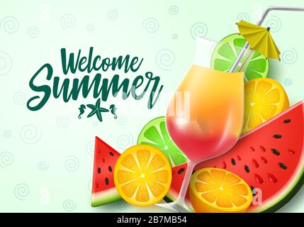 Welcome summer fruits vector banner template. Welcome summer text with tropical fruit element like water melon, orange and calamansi with fresh juice. Stock Vector