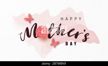 Happy mother's day banner or poster calligraphy with flower and butterfly on white in paper cut style. Stock Vector