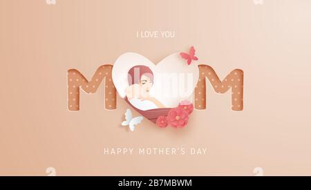 Happy Mother's day poster or banner with mother hug her baby and flower and paper cut style. Shopping promotion template for mother's day. Digital cra Stock Vector