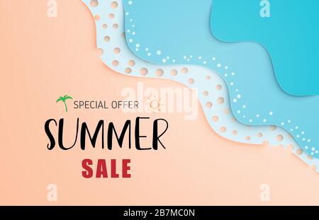 Summer sale banner or poster with sea wave and beach in paper cut style. Stock Vector
