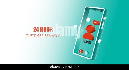 24 Hour online customer service on mobile application. Vector illustration. Client 24 hour consultation concept. Stock Vector