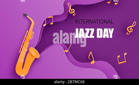 International jazz day poster or banner with saxophone in paper cut style. Digital craft paper art. Stock Vector