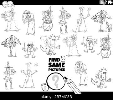 find two same fairy tale characters task coloring book page Stock ...