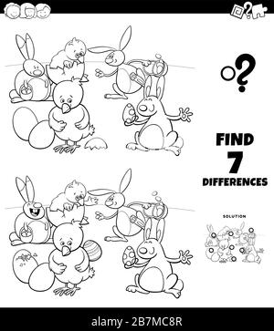 Black and White Cartoon Illustration of Finding Differences Between Pictures Educational Game for Children with Easter Bunnies and Chicks Characters C Stock Vector