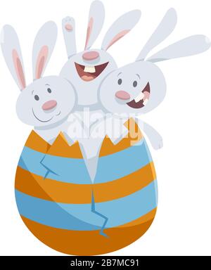 Cartoon Illustration of Funny Three Easter Bunnies Hatching from Large Colored Egg Stock Vector
