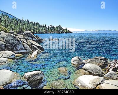 Lake Tahoe is a large freshwater lake in the Sierra Nevada mountains in the United States, located between the California and Nevada Stock Photo
