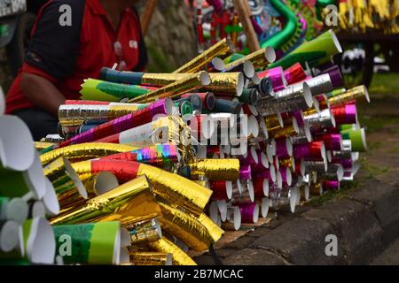 Selling trumpets for new year's moment in Jakarta, Indonesia on December 31, 2012 Stock Photo