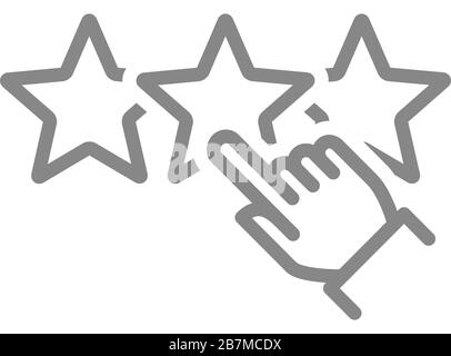 Human chooses a three stars rating line icon. Positive customer review, add to favorites, quality control symbol Stock Vector