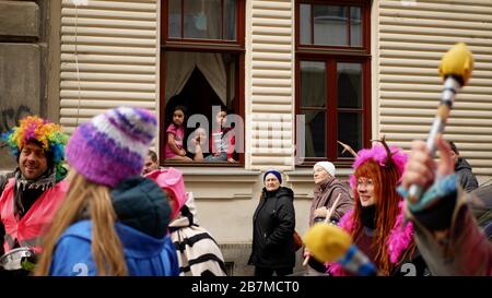 Carnival Masopust celebration masks parade children window In Brno festival Colors of the Bronx of gypsies, traditional Slavic ethnic celebration Stock Photo