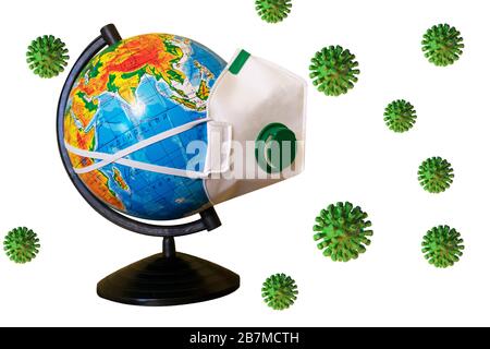 Coronavirus. Corona virus concept world. Earth put mask to fight against Corona virus. Concept of fight against virus. Many Virus attack isolated Stock Photo