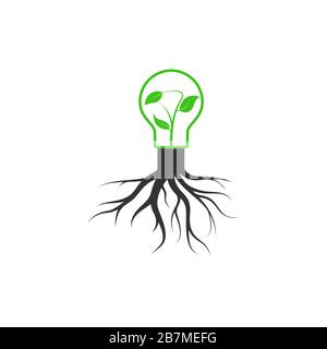Simple vector icon of environmental themes. a light bul b wit h  a lea f sprout grow s fro m a tre e stump. Stoc k illustration, simpl e design. Stock Vector