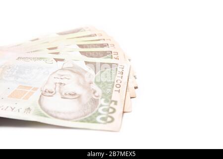 Ukrainian money on a white background. Banknotes five hundred hryvnia close-up. The crisis. Finance Stock Photo