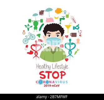 Healthcare Coronavirus (COVID-19)preventions. wear face mask,wash hands,eat hot foods and avoid going risk places Stock Vector