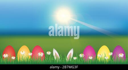 bunny ears and colorful easter eggs in green meadow easter design banner vector illustration EPS10 Stock Vector