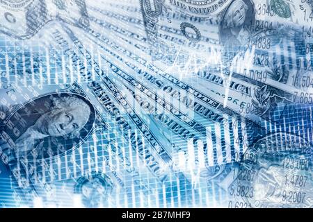 Dollar notes and coins and charts, graphs and tables Stock Photo