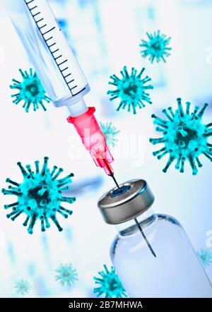 Viruses with syringe, cannula and bottle with vaccine Stock Photo