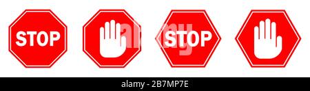 STOP icons set. Red stop sign isolated. Vector illustration. Hexagonal STOP hand sign Stock Vector