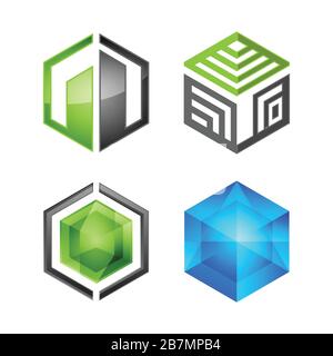 Set of abstract hexagon shape logo design template vector. Hexagon corporate logo set vector image Stock Vector