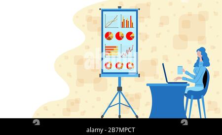 Business woman working for business statistics charts with a projection screen icon. All the objects, shadows and background are in different layers. Stock Vector