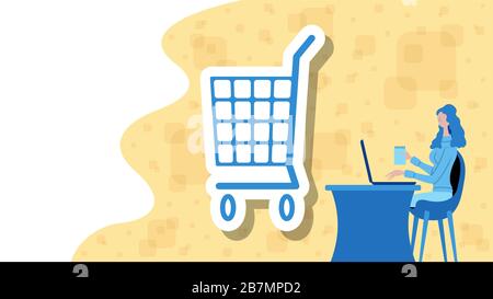 Business woman working for commerce and retail with a shopping cart icon. All the objects, shadows and background are in different layers. Stock Vector