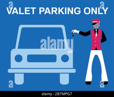 Valet parking only signboard desing with valet and car silhouette. All the objects are in different layers and the text types do not need any font. Stock Vector