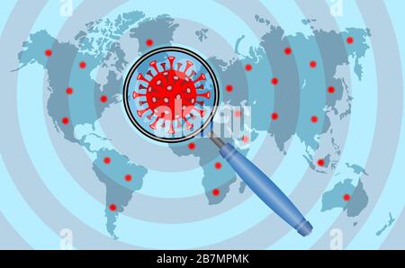 Corona virus and magnifier icon on world map. All the objects, shadows and background are in different layers. Stock Vector