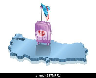 Female tourist beach hat over a wheeled bag for holiday in Turkey. All the objects are in different layers and the text types do not need any font. Stock Vector