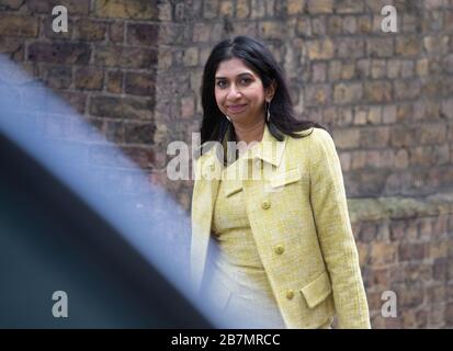 London, UK. 17th Mar, 2020. Suella Braverman, Attorney General, arrives in Downing Street. Later the Government will hold another press conference to discuss the Coronavirus Health issue. Credit: Tommy London/Alamy Live News Stock Photo