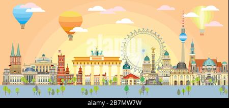 Horizontal colorful Berlin travel flat illustration with architectural landmarks in sunrise time. Panoramic front view Berlin traveling concept. Stock Stock Vector