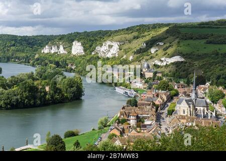 Scenic view of a small European town on the Seine river in the commune of Les Andelys, Normandy, France. The tranquility of life in Europe. Stock Photo