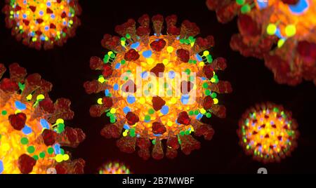 Closeup Coronavirus danger virus 3d render. Health risk disease and flu outbreak. Coronaviruses influenza. Stock Photo