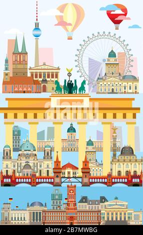 Vertical Berlin skyline travel illustration with main architectural landmarks in flat style. Berlin city landmarks colorful german tourism and journey Stock Vector
