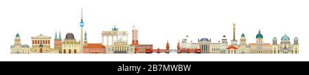 Panoramic Berlin skyline travel illustration with main architectural landmarks in flat style isolated on white background. Berlin city landmarks front Stock Vector