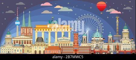 Horizontal colorful Berlin travel illustration with architectural landmarks in twilight time. Front view Berlin traveling concept. Panoramic flat illu Stock Vector