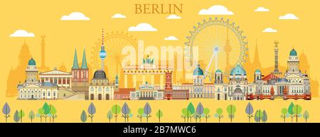 Panoramic colorful Berlin travel illustration with architectural landmarks in summer yellow background. Front view Berlin traveling concept. Horizonta Stock Vector