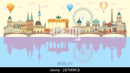 Panoramic Berlin skyline travel illustration with main architectural landmarks with reflection in water in flat style. Berlin city landmarks front vie Stock Vector